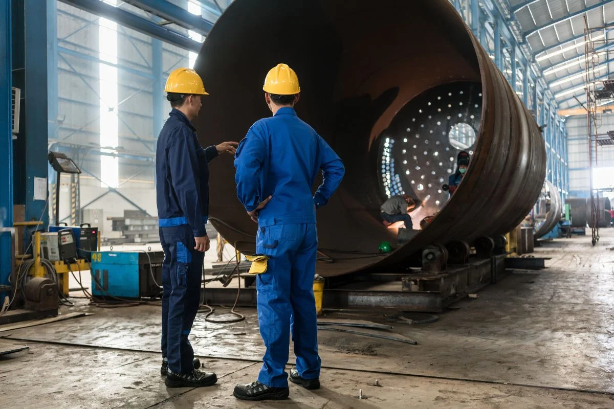 Pilot Air - Rotary screw air compressors for industrial manufacturing Two experienced workers supervising the manufacture of a metallic cylinder