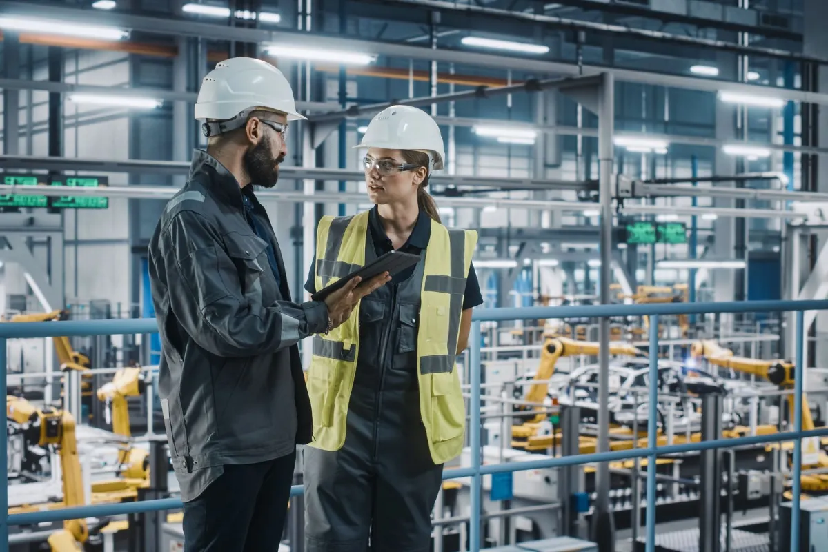 Two engineers discussing work on a factory floor with industrial robots.