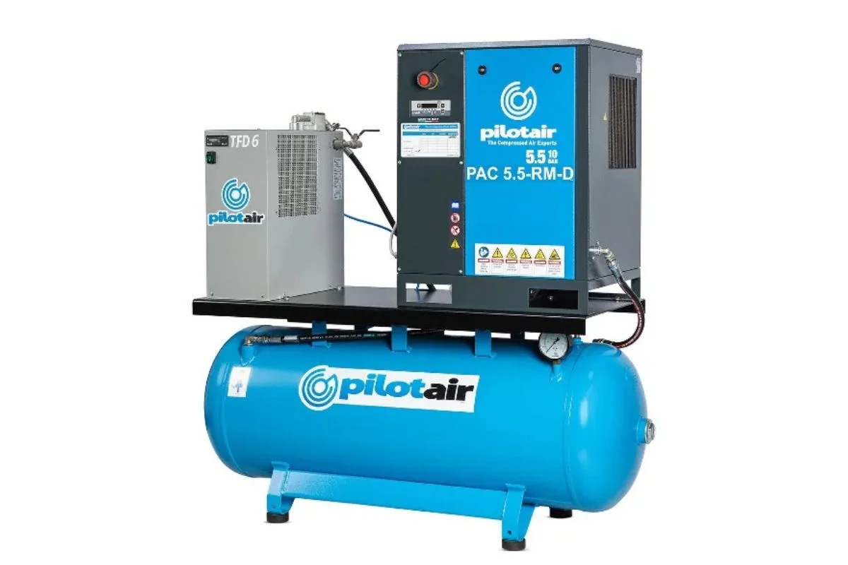 Blue Pilotair air compressor with a horizontal blue tank and a mounted vertical compressor unit on a metal frame.